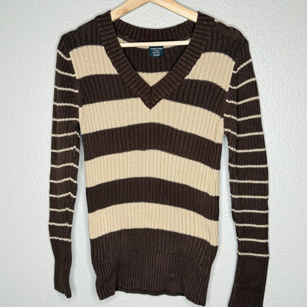Faded Glory Brown Tan Striped Ribbed‎ V Neck Sweater Y2K Soft Knit Womens L